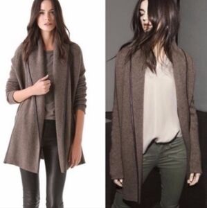 Vince Brown Leather Trim Cardigan Sweater Coat Mocha Cashmere Wool Medium